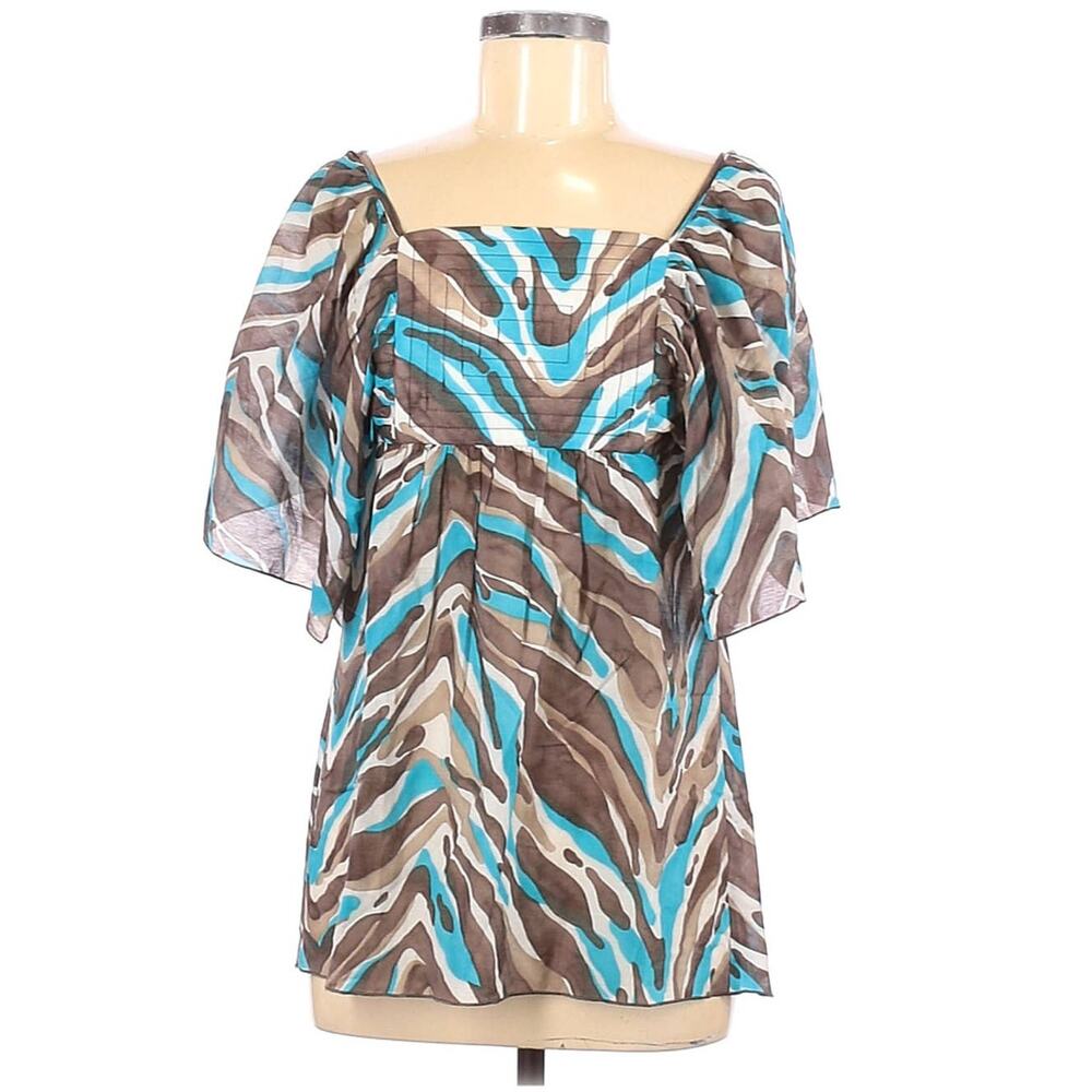 Trina Turk‎ Kaftan Tunic Top 4 Brown Turquoise Animal Print Babydoll